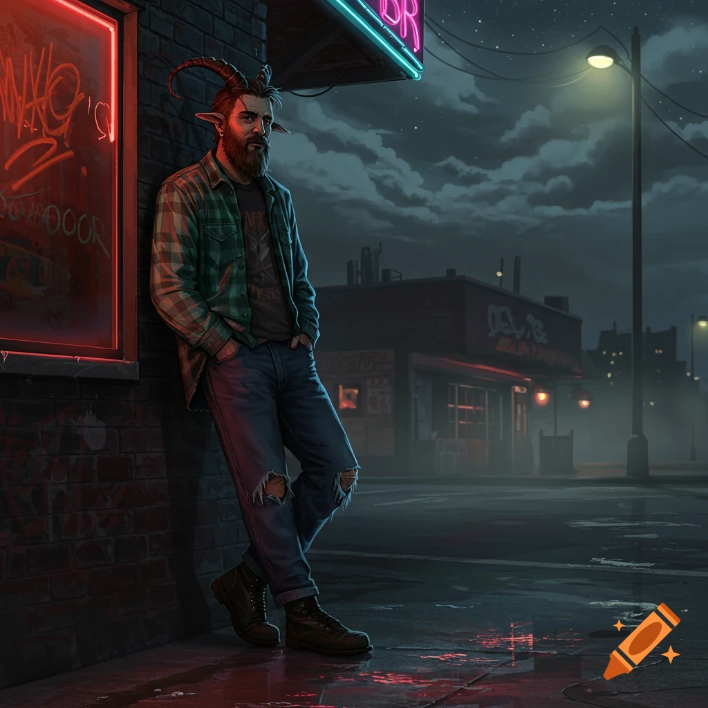 A man with a beard, goat horns, and pointed ears, wearing a plaid shirt and ripped jeans, leans against a brick wall under neon signs in a dark, wet urban alley at night.