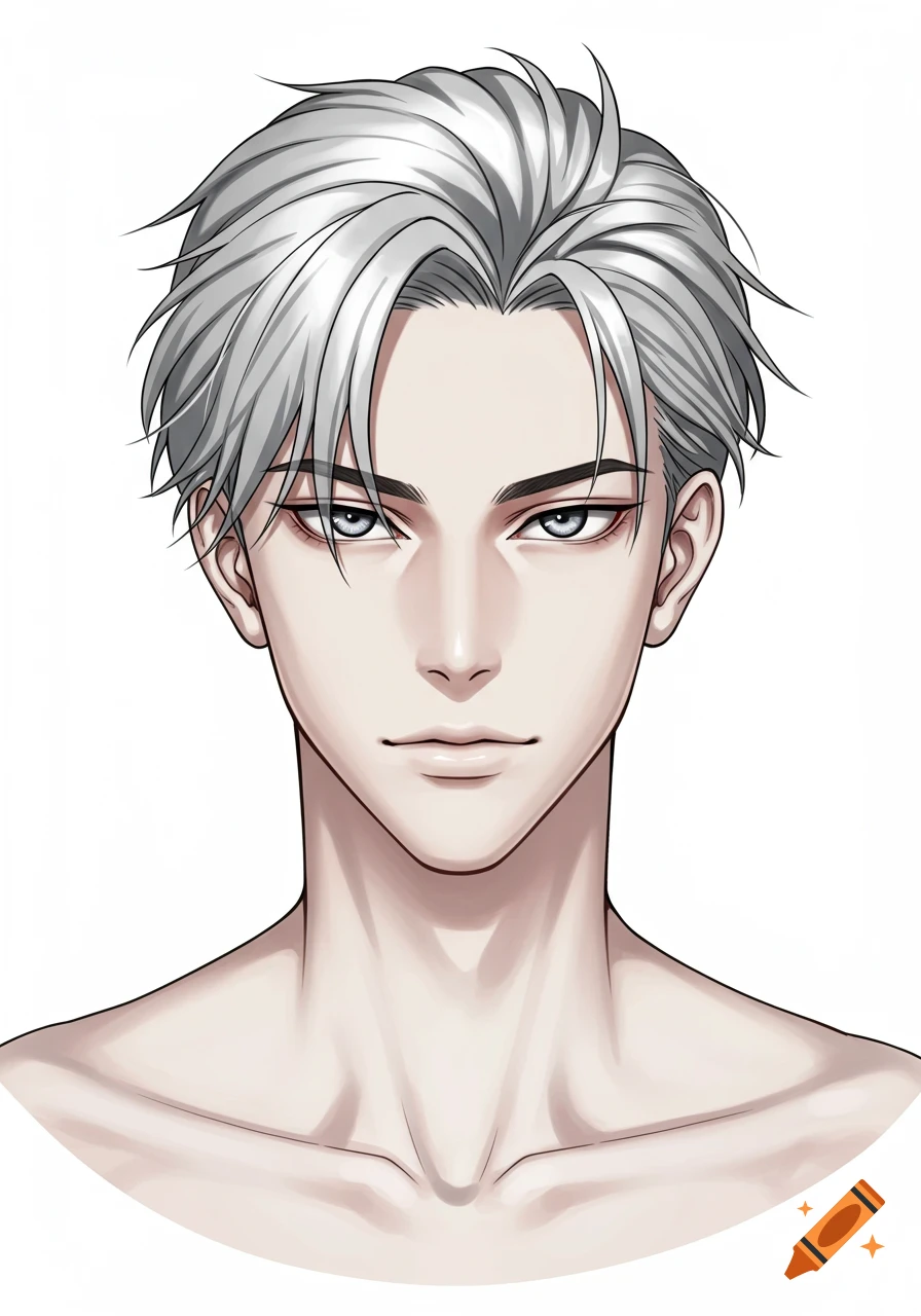 Anime-style portrait of a handsome young man with silver hair and blue eyes, against a white background.