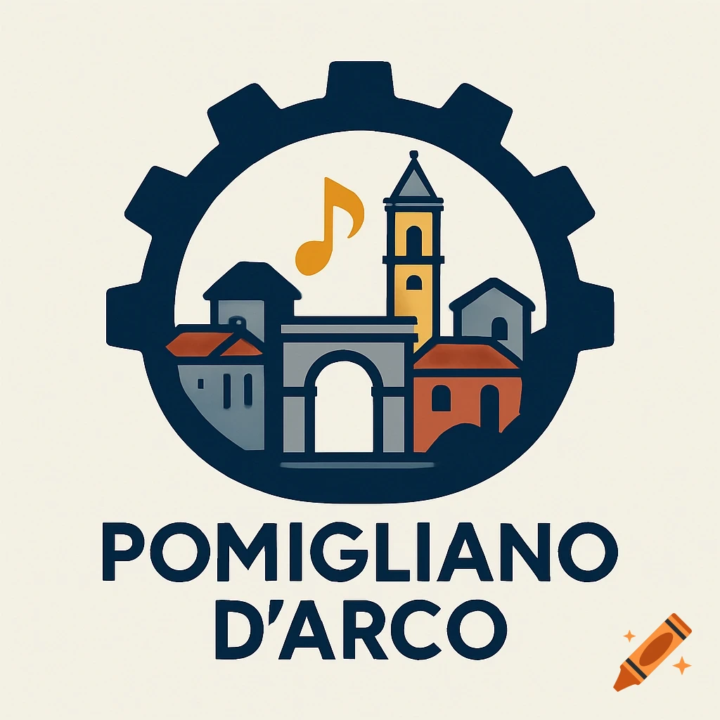 A stylized logo with a dark blue gear, enclosing an Italian town skyline with a Roman arch, church tower, and musical note. Text reads 'POMIGLIANO D'ARCO'.
