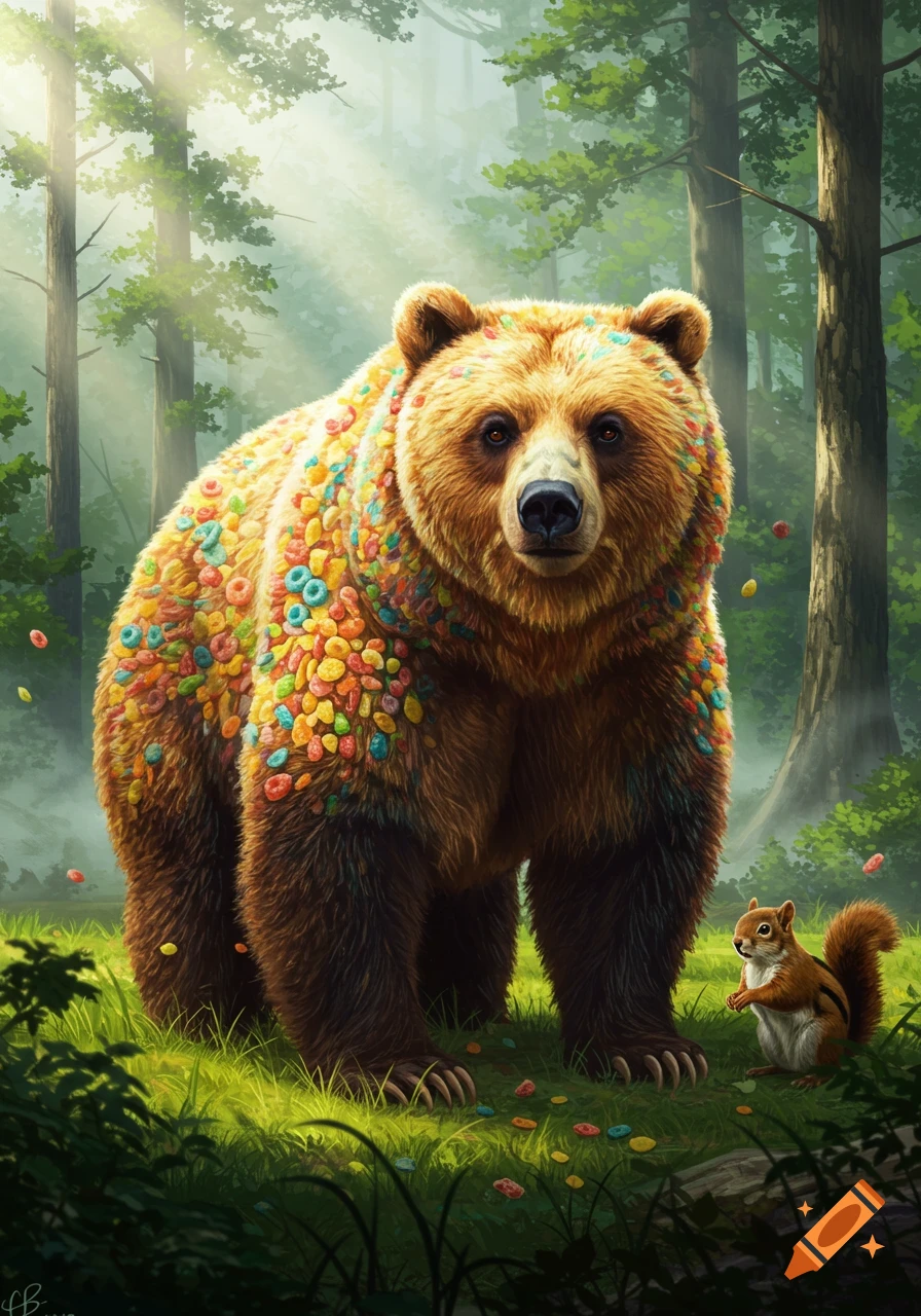 A large brown bear with fur made of colorful fruity pebbles stands in a sunlit forest, with a small squirrel looking up at it.