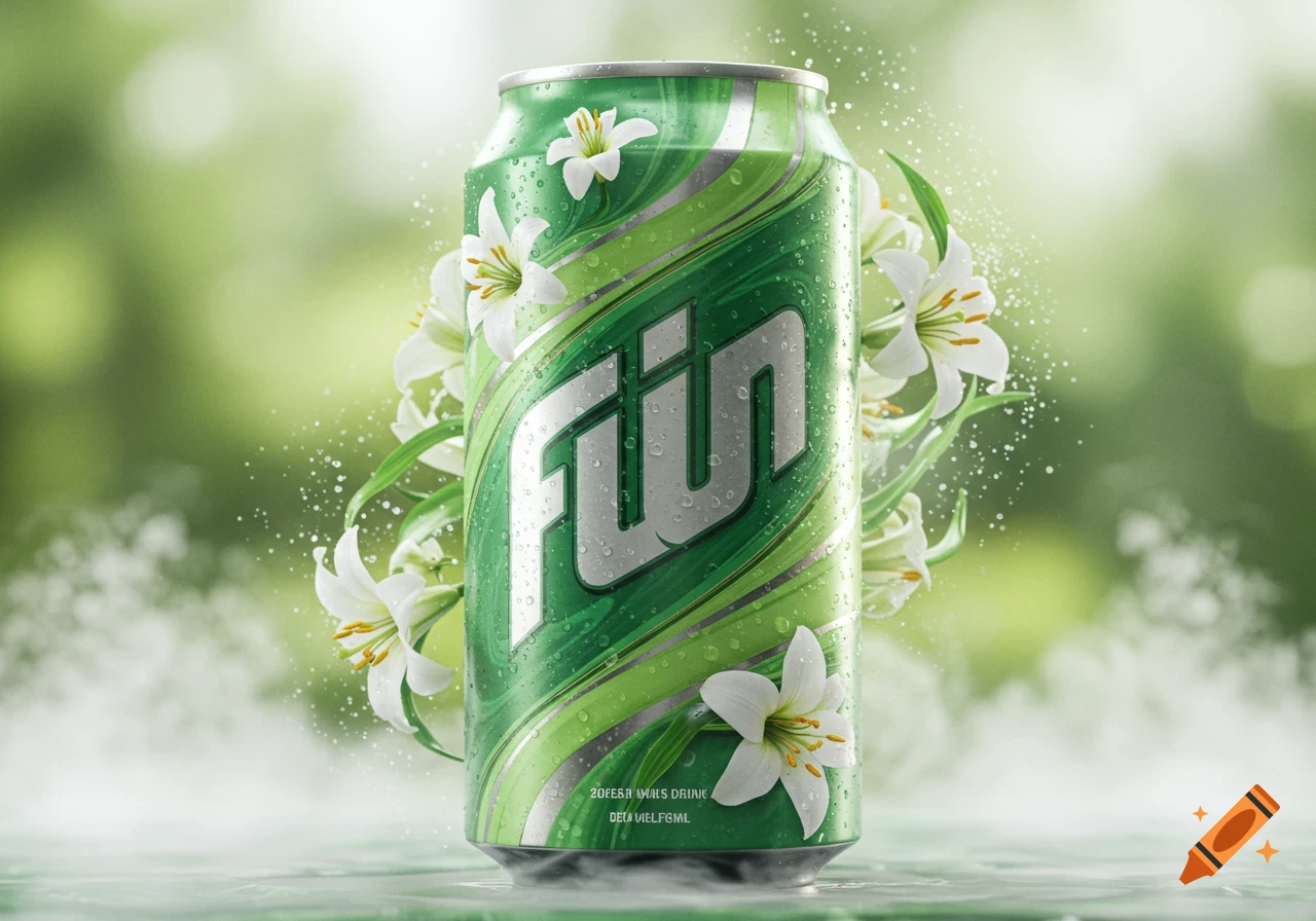 A photorealistic green energy drink can with "f Yn" and water droplets, surrounded by white lilies, against a soft green background with mist.