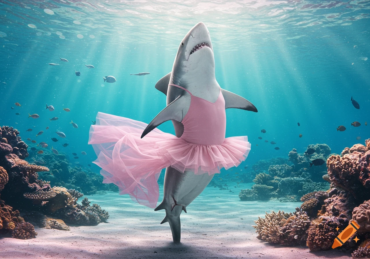 A great white shark wearing a pink ballet tutu stands on its tail underwater amid coral and fish, with sun rays from above.