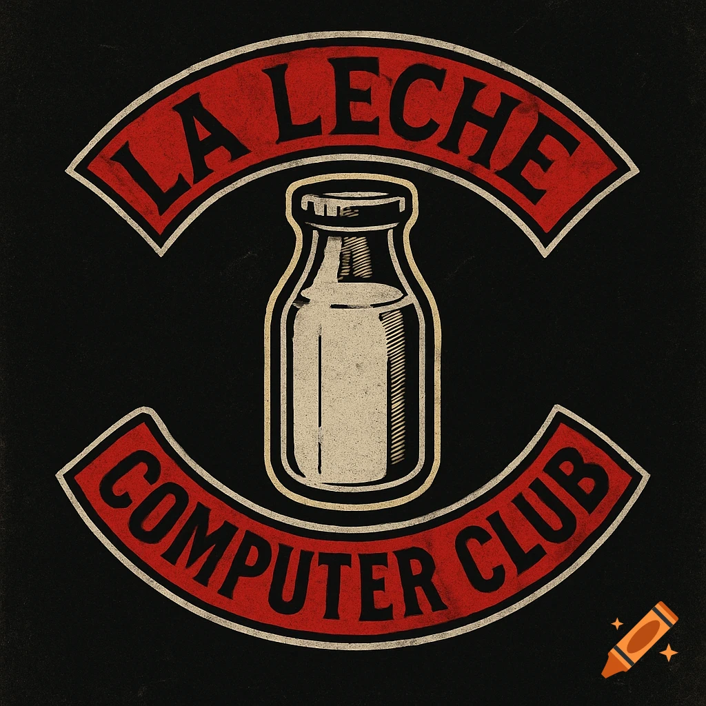 Vintage-style logo patch with a milk bottle, reading 'LA LECHE' and 'COMPUTER CLUB' in red and cream on black.