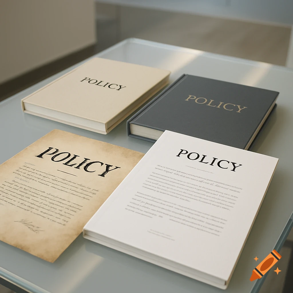 Four different policy documents and books displayed on a glass table.