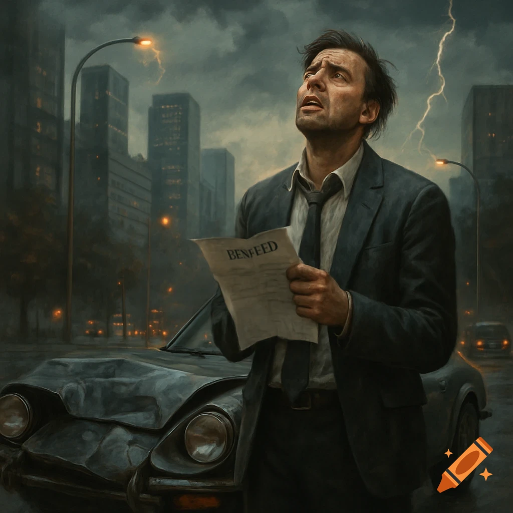 A distraught man in a suit holds a letter next to his damaged car on a stormy city street with lightning.