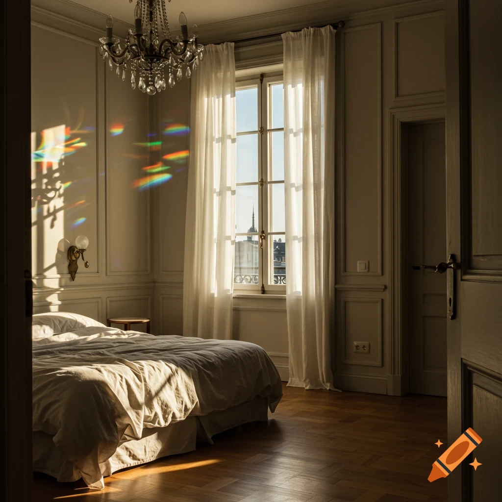 Sunlight streams into a bedroom with a bed, chandelier, wooden floor, and colorful rainbow reflections on the wall.