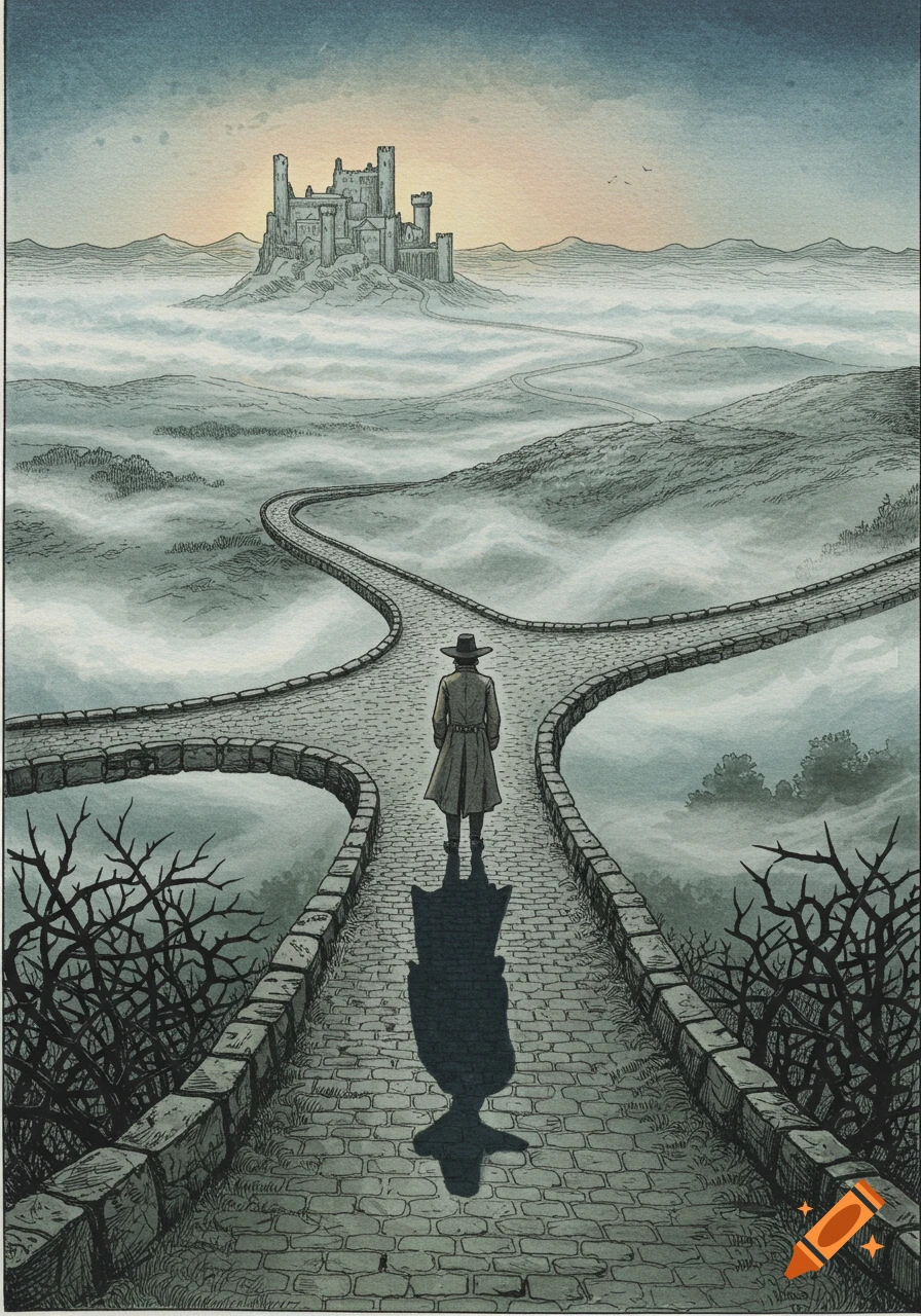 An engraved-style illustration shows a lone traveler in a long coat and hat at a crossroads, looking towards a castle on a misty distant hill.