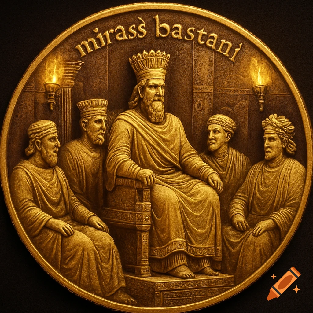 A golden medallion features an ancient king on a throne, flanked by four other robed, crowned figures. Text 'mirass bastani' arcs above them.
