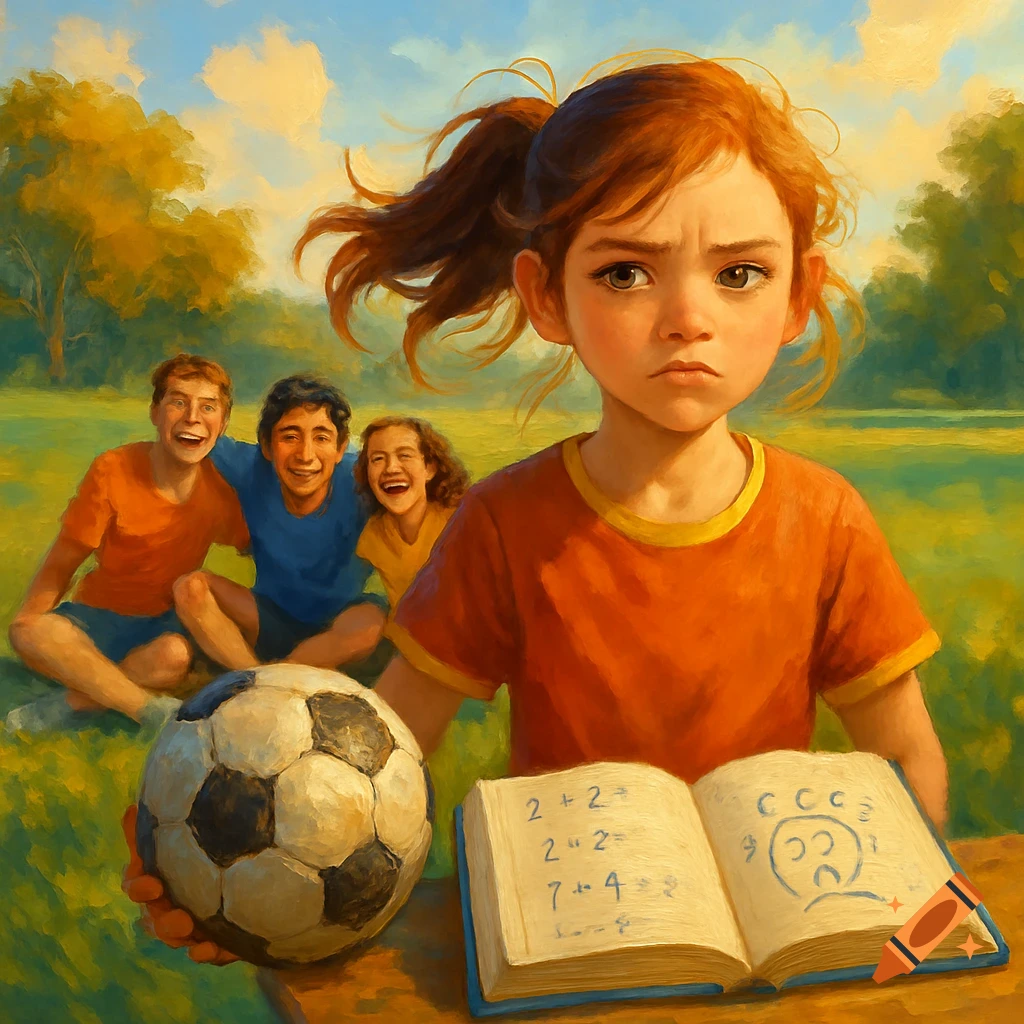 A digital painting of a frustrated girl holding a soccer ball and a math book, while three smiling friends laugh in a sunny park behind her.