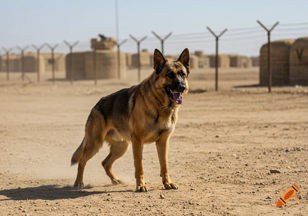 A German Shepherd stands alert in a dusty desert landscape with barbed wire fences and military structures in the background.