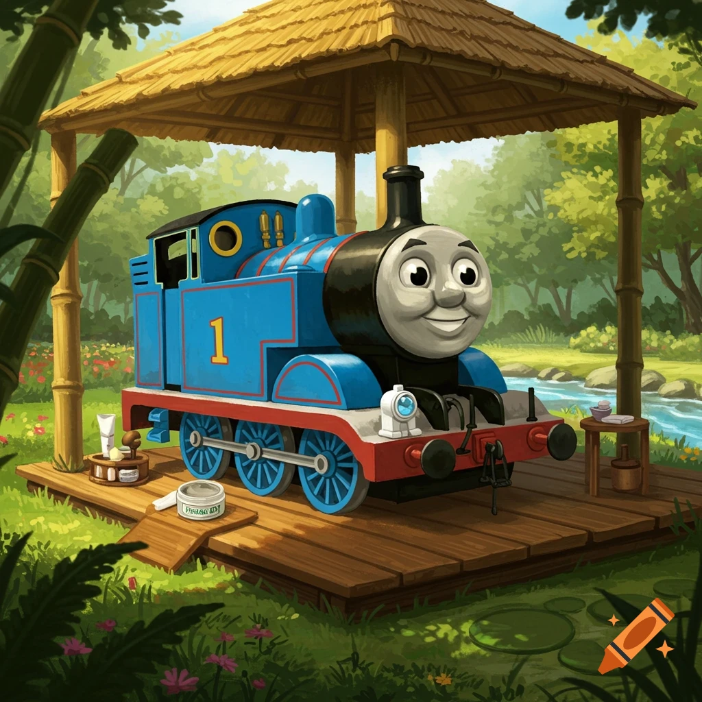 Thomas the Tank Engine at a serene outdoor wellness retreat under a bamboo canopy, getting a facial by a stream in a cartoon style.