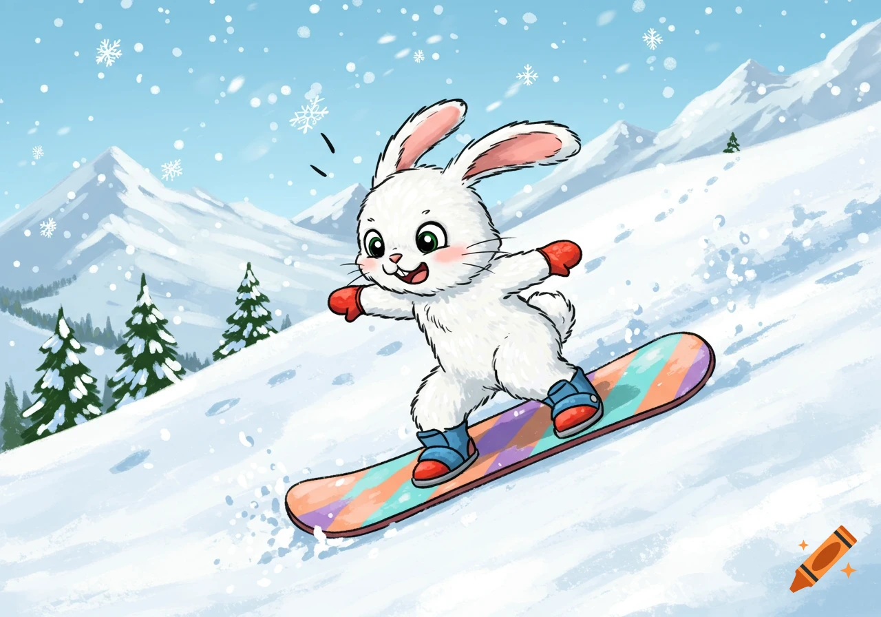 A cute white cartoon rabbit wearing red mittens and blue boots snowboards down a snowy mountain slope with evergreen trees and falling snowflakes.