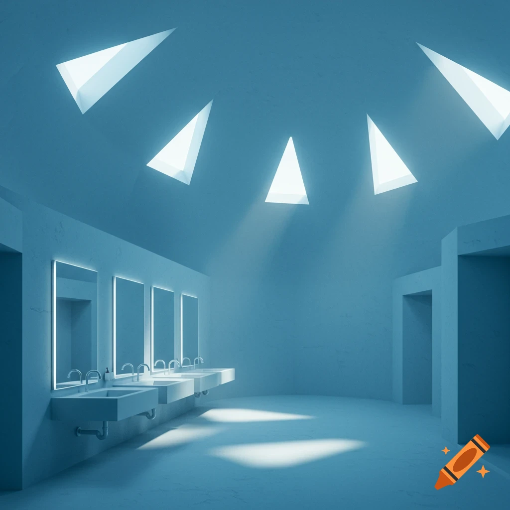 Minimalist pastel blue bathroom with multiple sinks, mirrors, and triangular skylights casting light onto the floor.