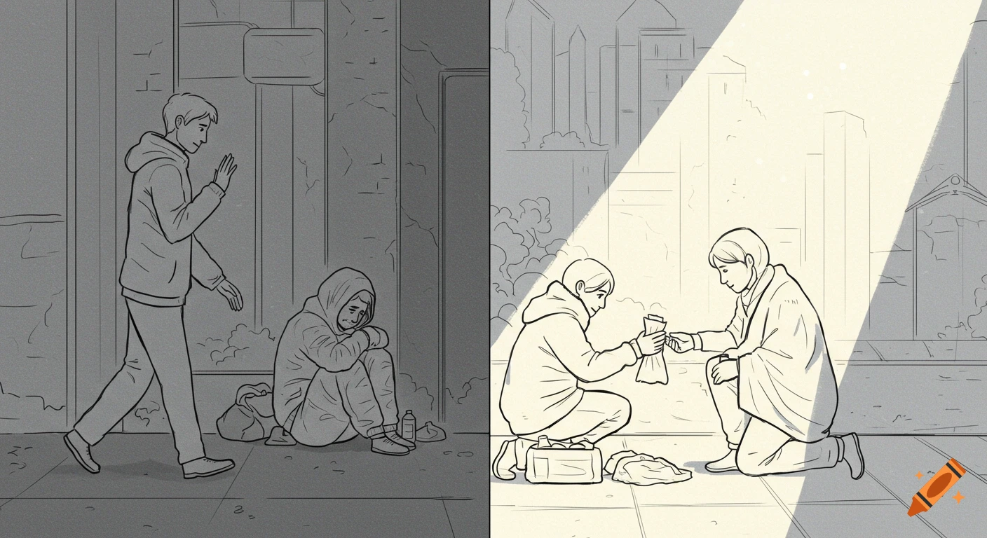 Line art split scene: one person walks past a huddled homeless person, another kneels to offer food and a blanket.