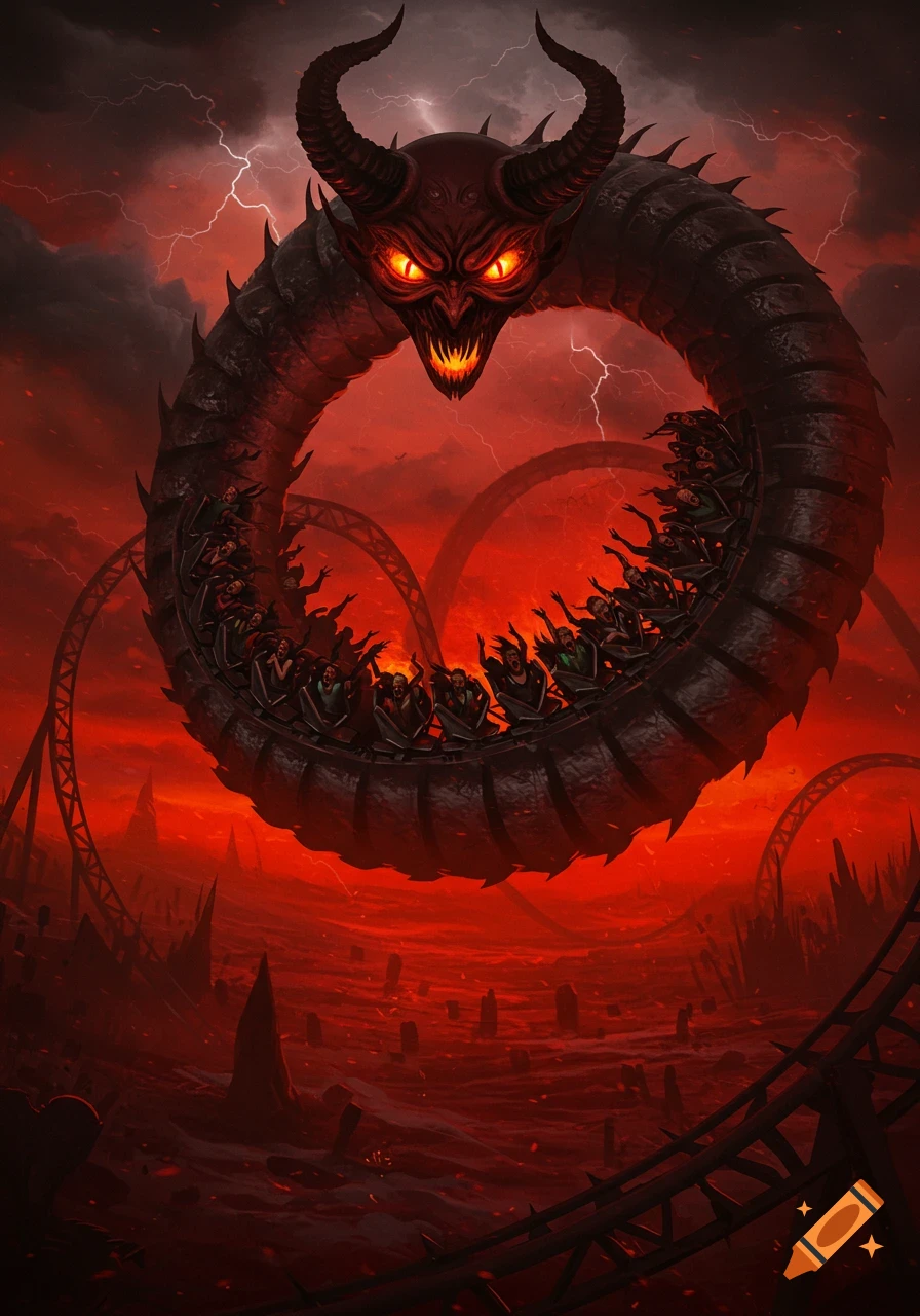 A terrifying red-eyed devil-headed worm forms a roller coaster loop, with screaming riders inside, against a hellish landscape and stormy red sky.