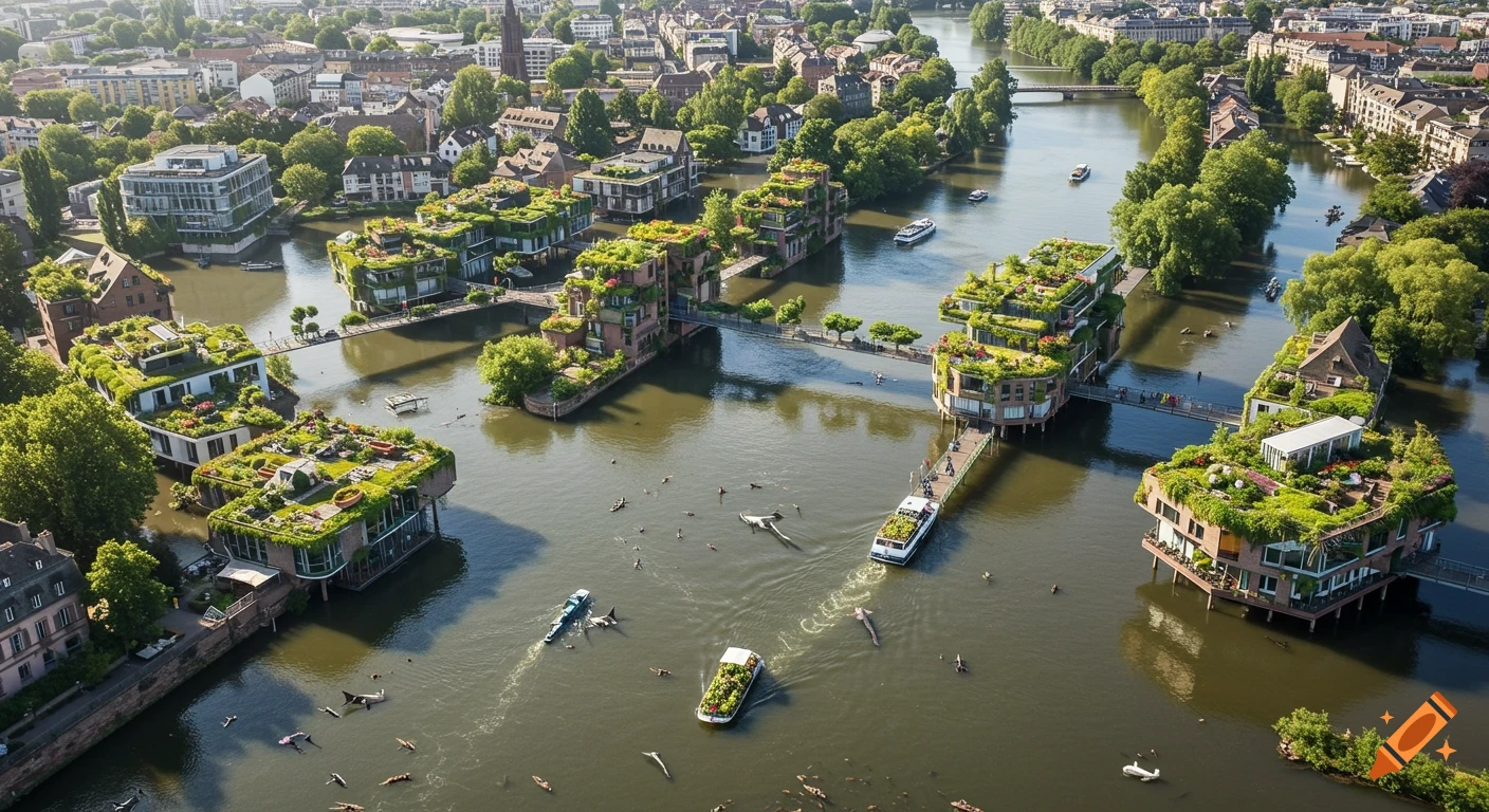 Photorealistic aerial view of a city on water, with green-roofed buildings on stilts, interconnected by bridges, boats, and floating debris.
