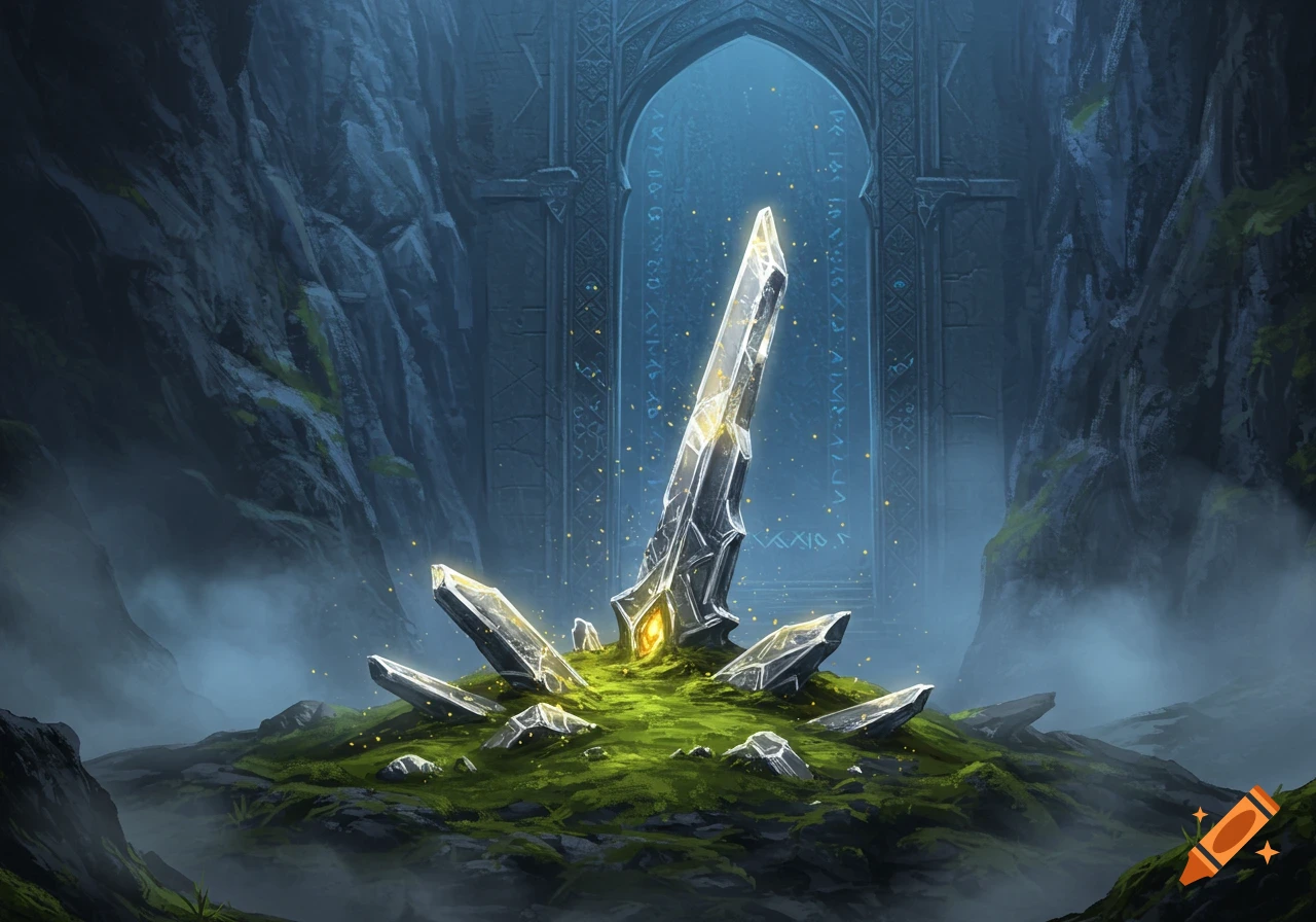 A glowing crystal sword stands on a mossy mound, surrounded by mist in a dark cave with an ancient archway in the background.