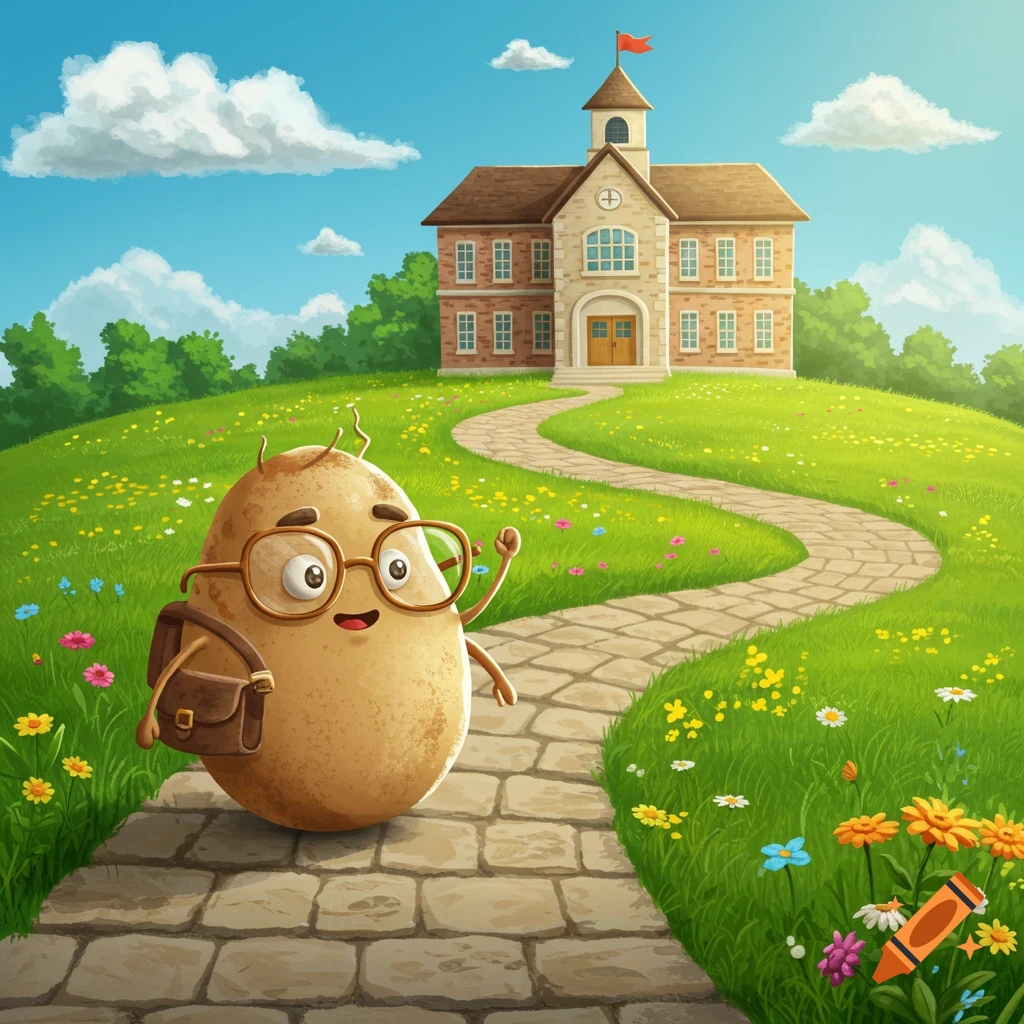 A cartoon potato with glasses and a backpack walks on a stone path towards a school on a sunny green hill.