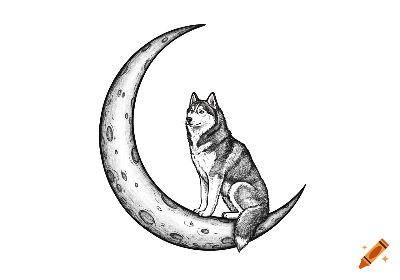 A black and grey sketch illustration of a Siberian husky sitting on a crescent moon.