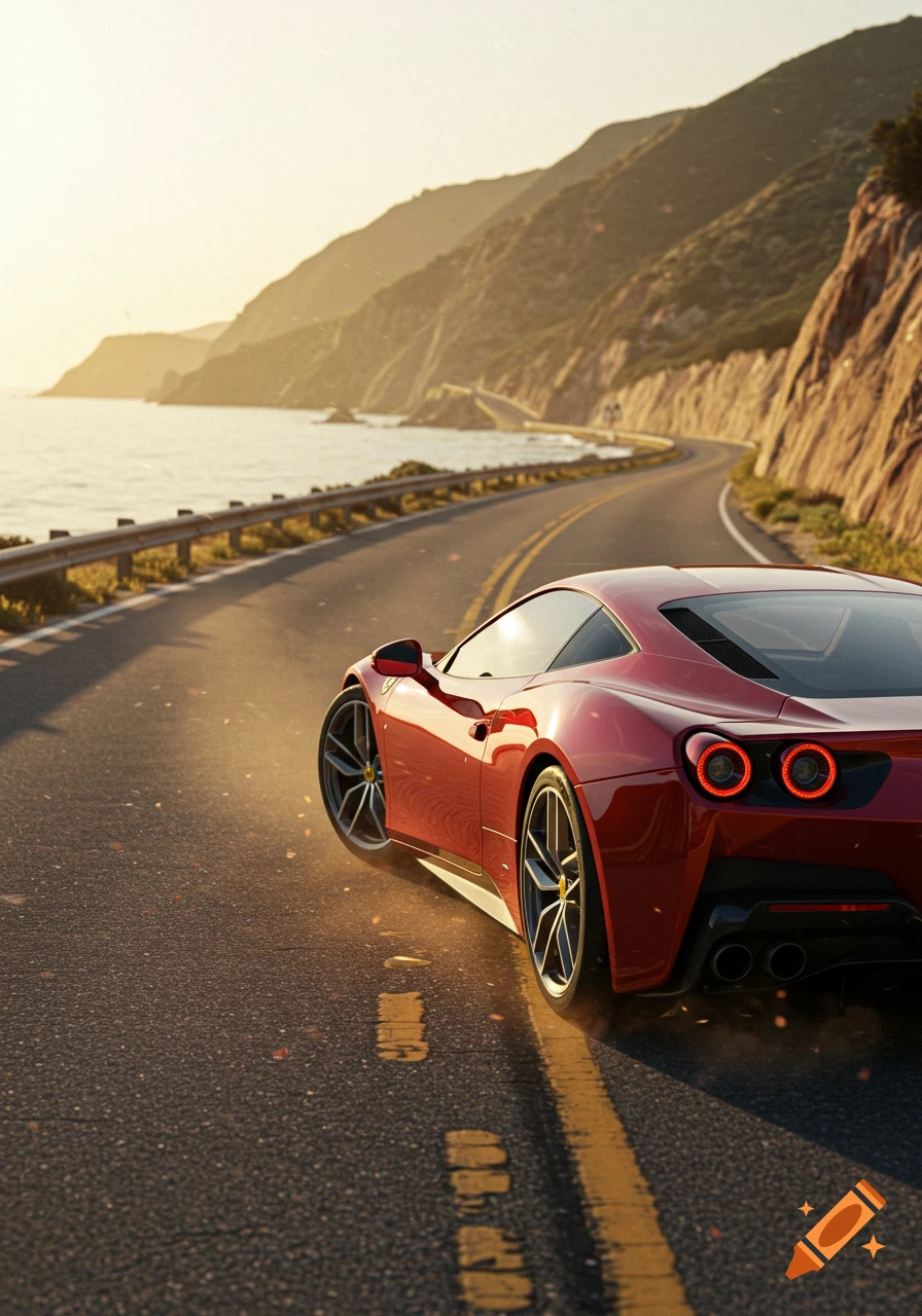 A red sports car drives on a winding coastal road at sunset, with mountains and the sea in the background.