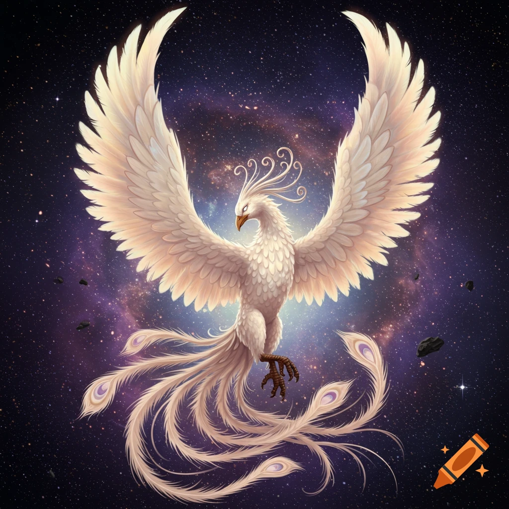 A majestic white phoenix with wide wings and a long, flowing tail, soaring through a starry cosmic background.