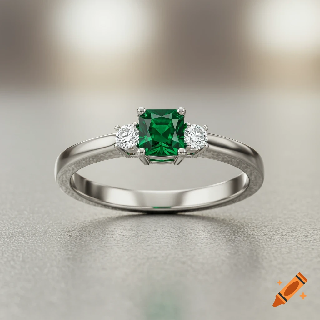 White gold ring with a square emerald centerpiece and two round diamonds on the sides, on a textured surface.
