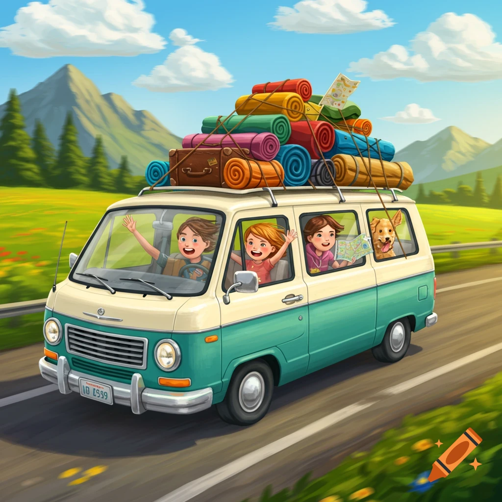 Cartoon family (three kids, one dog) waving from a teal and white van packed with luggage on a sunny mountain road.
