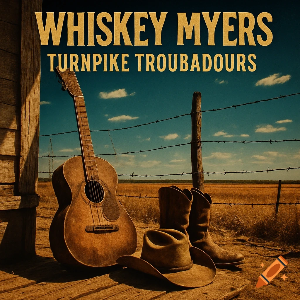 An acoustic guitar, cowboy hat, and boots rest by a barbed wire fence in a dry field, with 'WHISKEY MYERS TURNPIKE TROUBADOURS' text above.