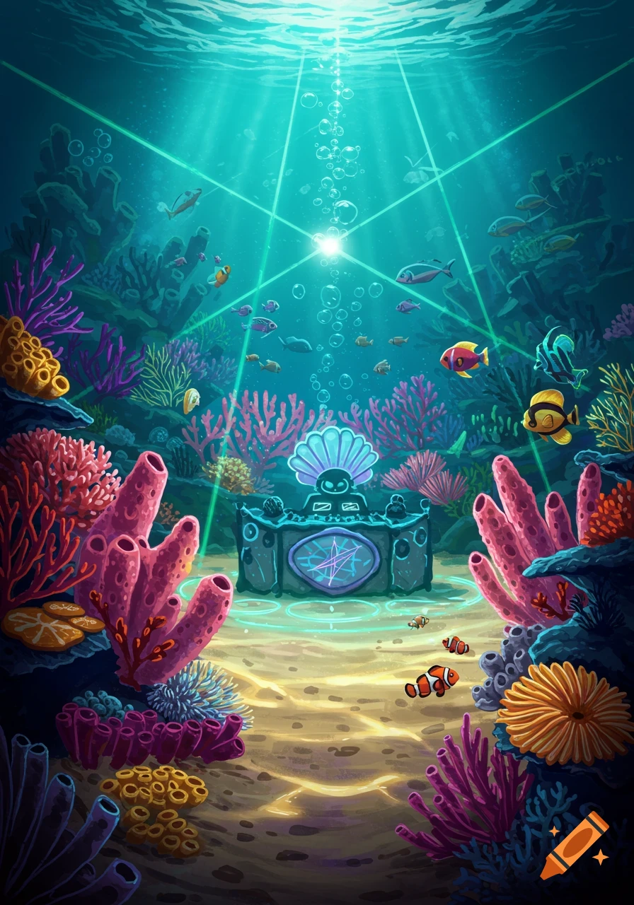 Vibrant underwater illustration of a DJ setup on a coral reef with fish and glowing light beams.