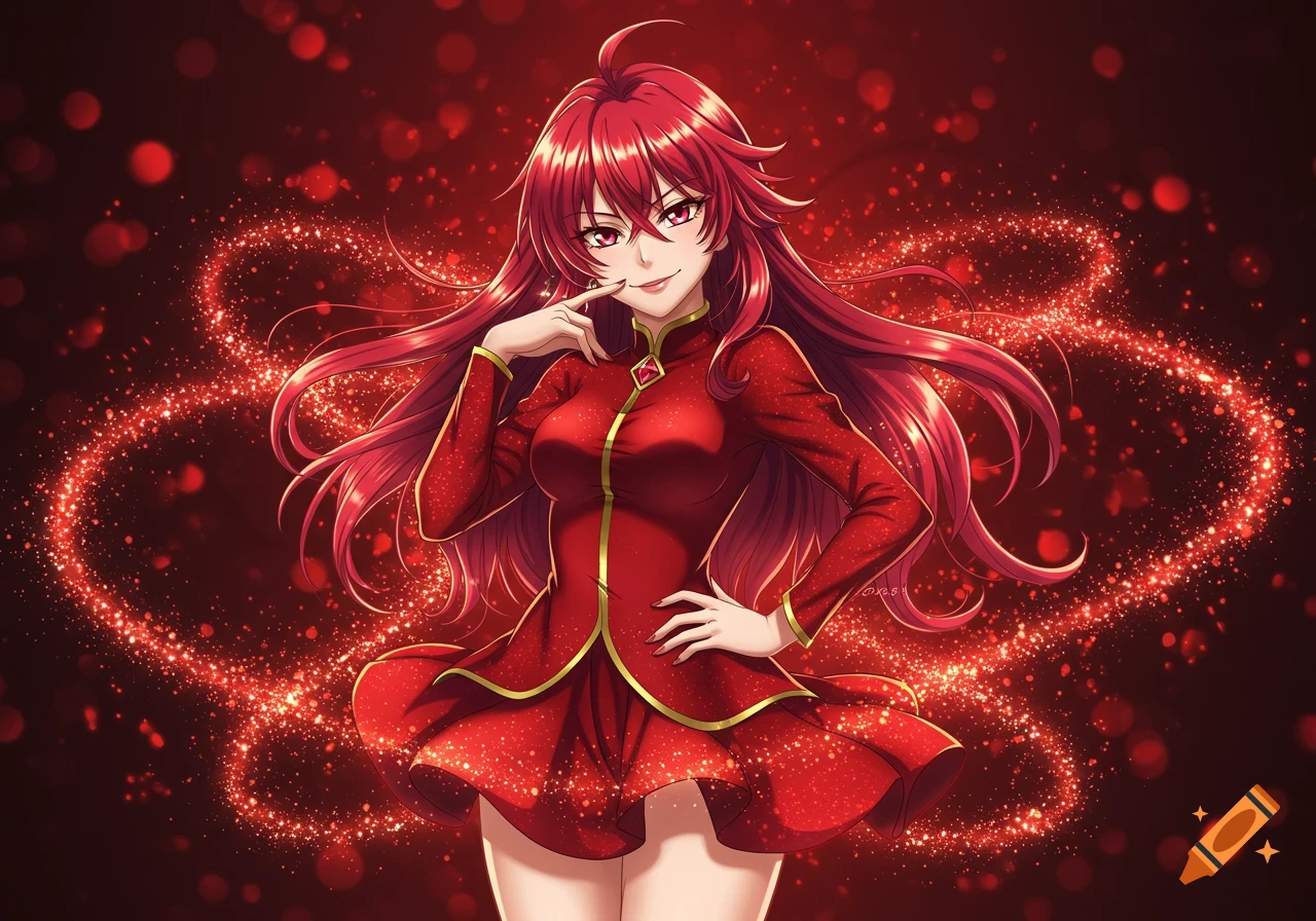 A smug anime girl with long red hair and a red dress with gold trim, surrounded by red sparkling glitter.