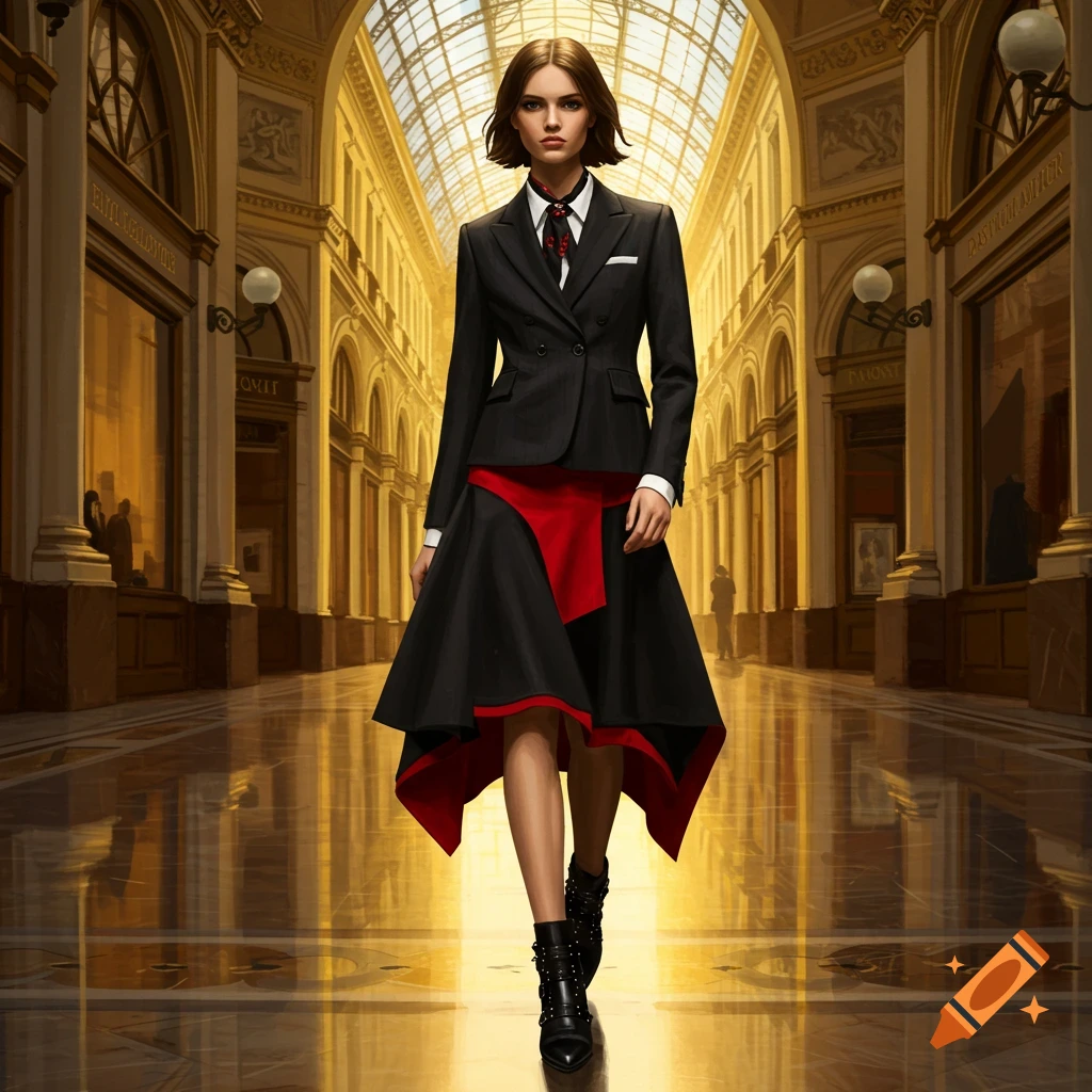 A woman in a black suit, red and black asymmetric skirt, and black boots walks confidently through a golden, ornate shopping arcade.