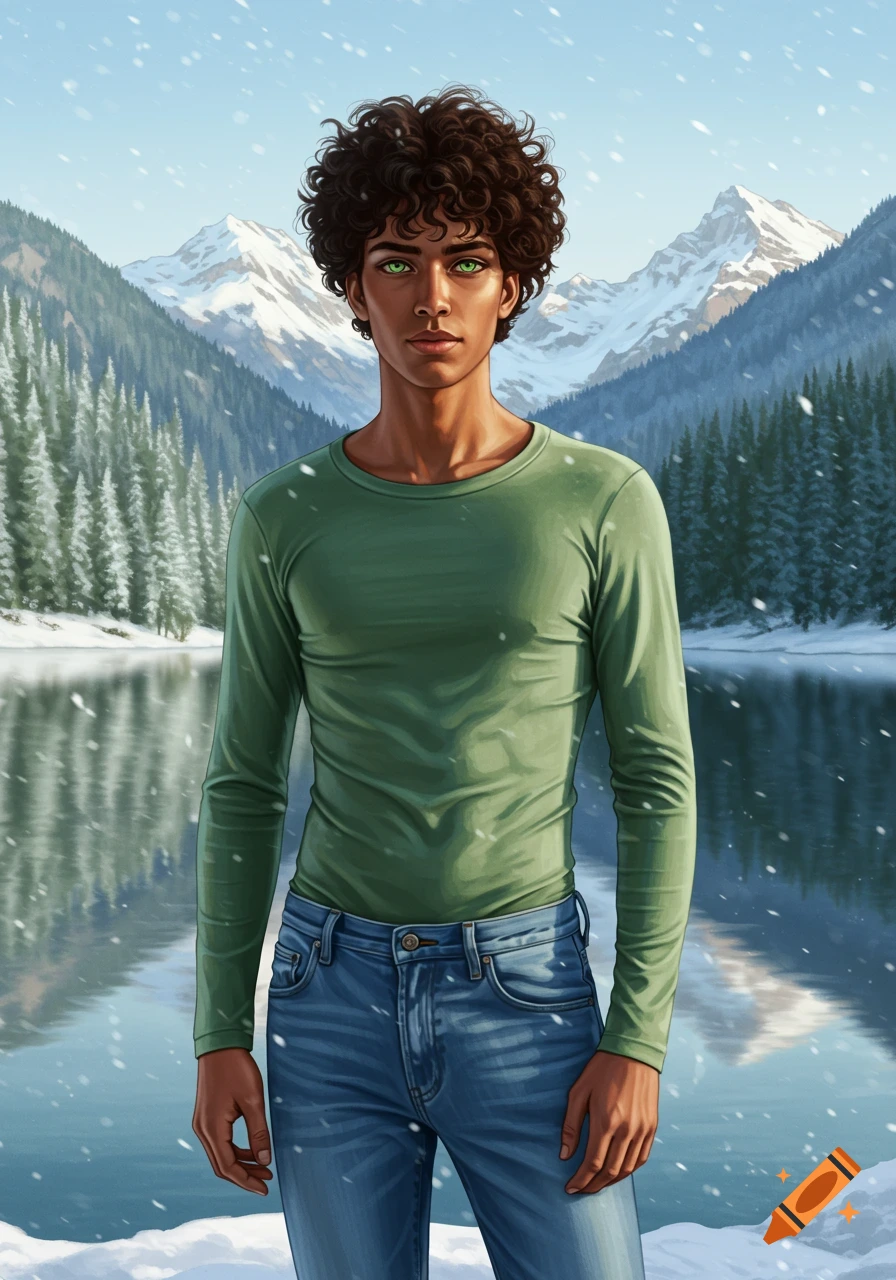 Illustration of a young man with curly brown hair and bright green eyes, wearing a green shirt and jeans, in a snowy mountain lake landscape.