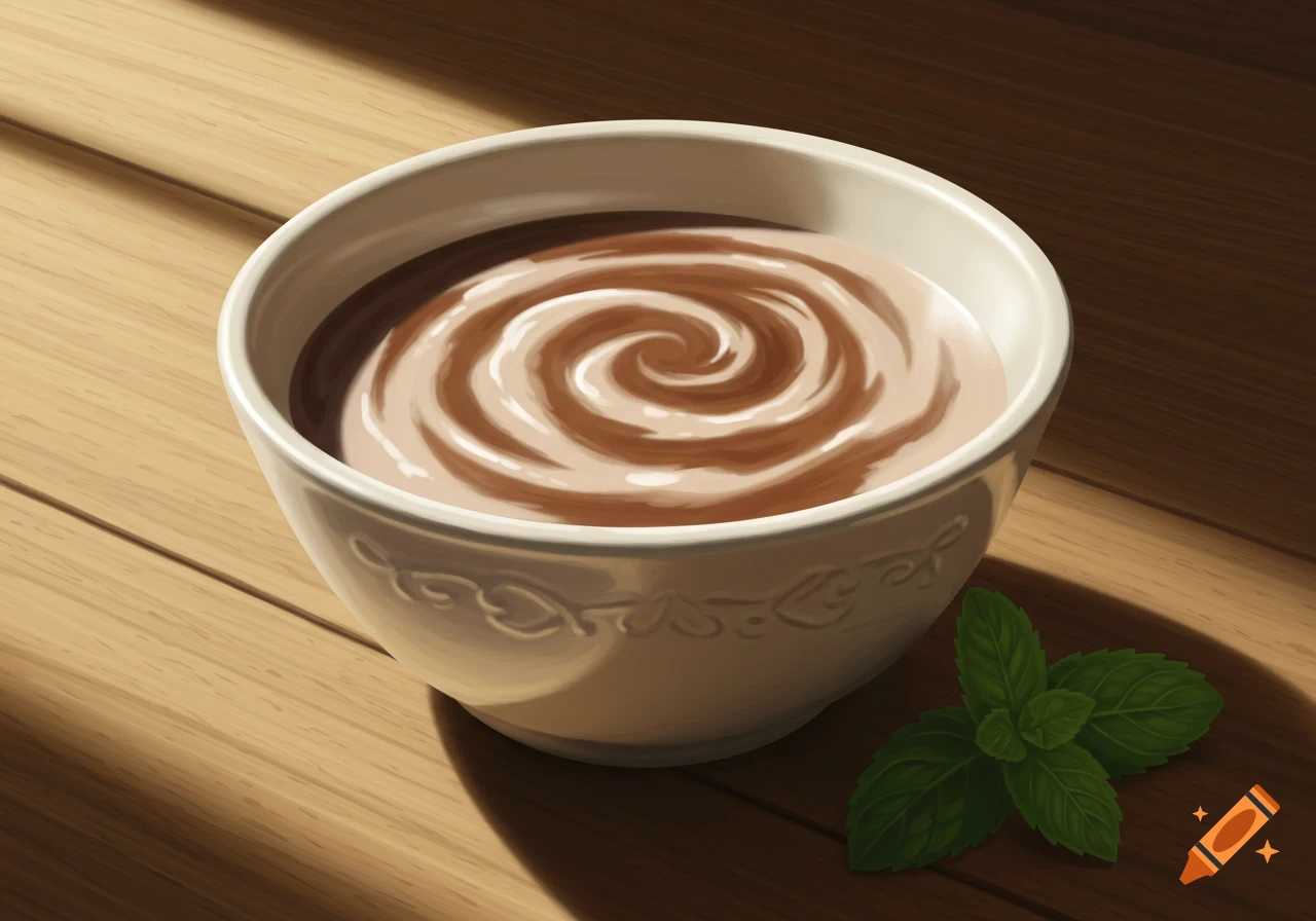 A white bowl of swirling coco milk and mint leaves on a sunlit wooden table.