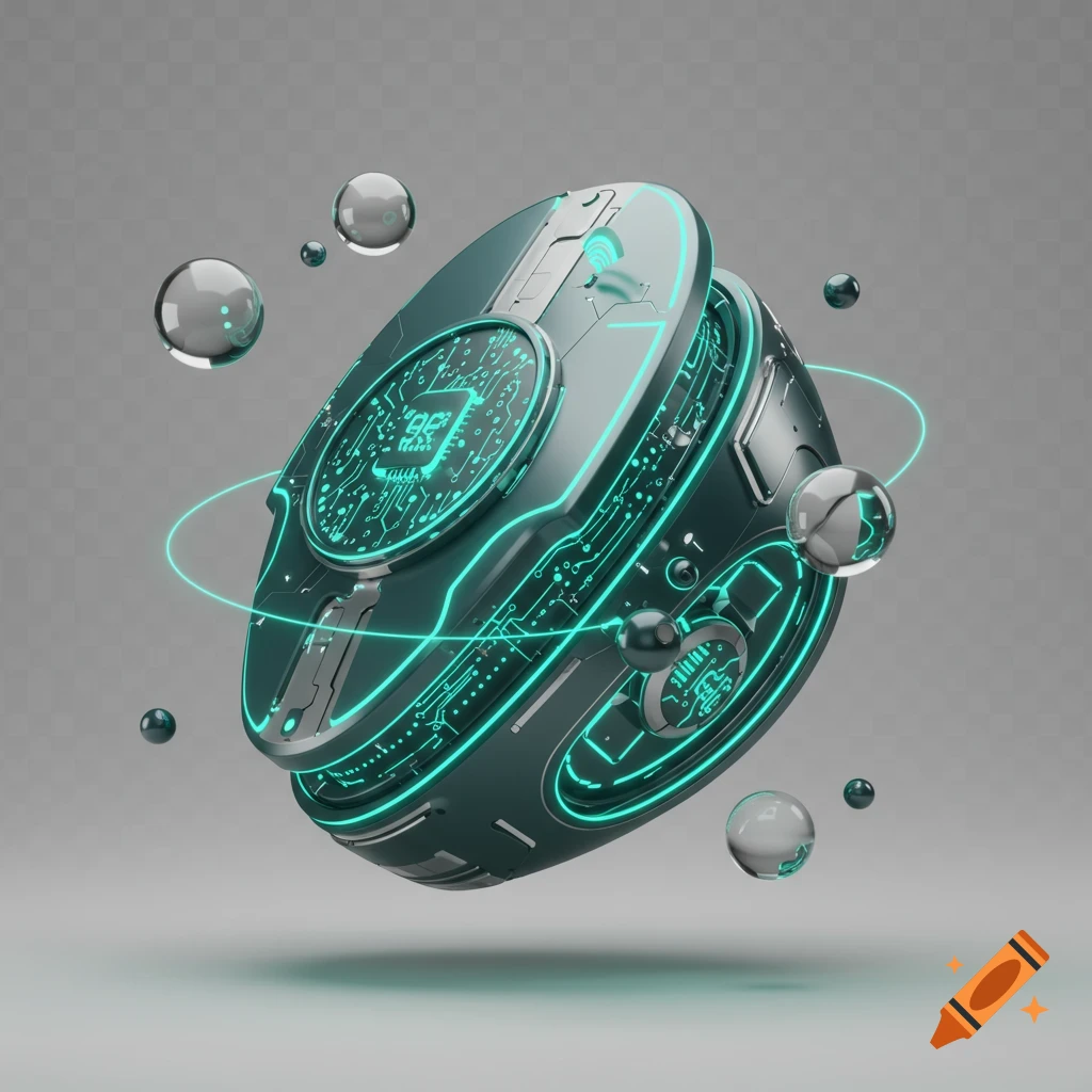 A metallic, futuristic device with glowing teal circuits and light rings, surrounded by reflective spheres, against a gray background.