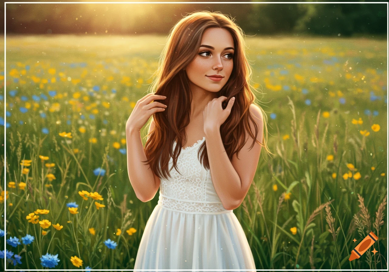 A young woman with long brown hair in a white dress stands in a sunny flower field, a photorealistic digital painting.