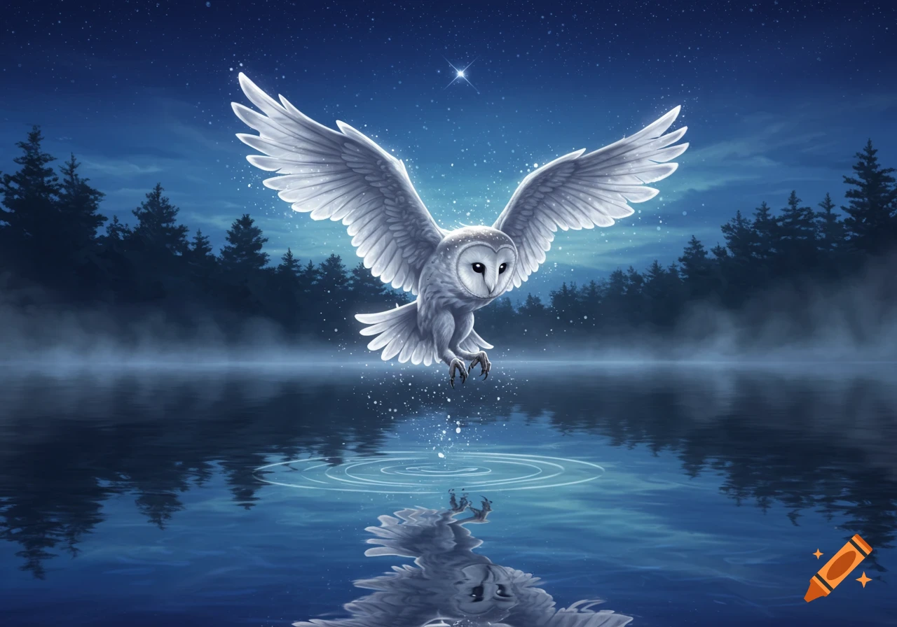 A white barn owl with outstretched wings hovers over a dark, misty lake at night, reflecting in the water under a starry sky.