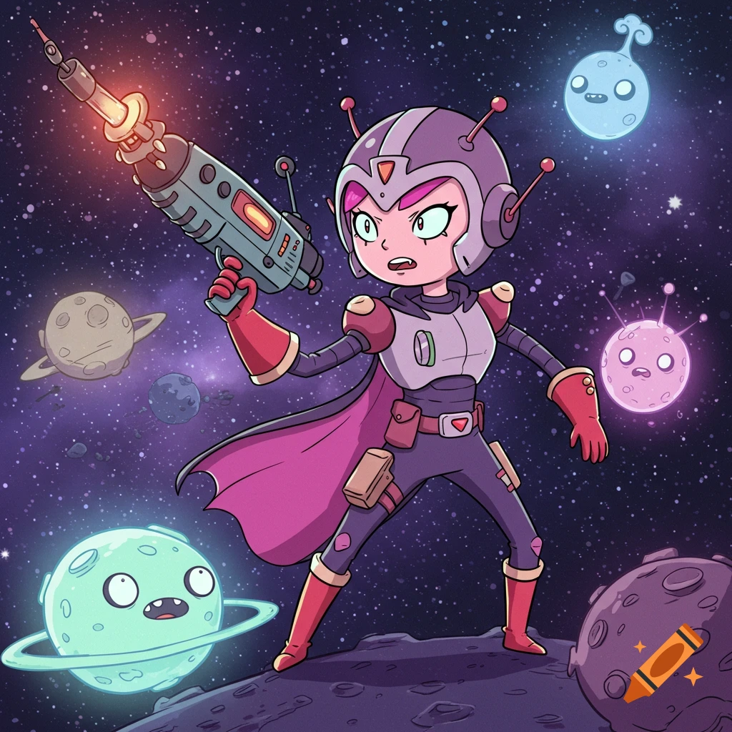 A cartoon female space mercenary with a purple helmet and cape holds a blaster, standing on a moon with planets and stars.