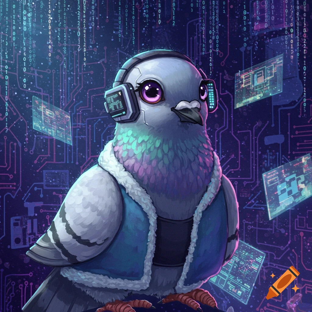 A stylized pigeon in a blue vest and headphones with pink glowing eyes sits in a digital, circuitry-filled background with floating screens.
