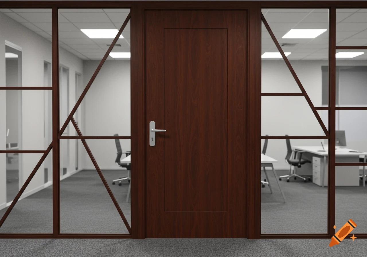 A photorealistic image of a wooden office door surrounded by glass partitions within a modern office setting.