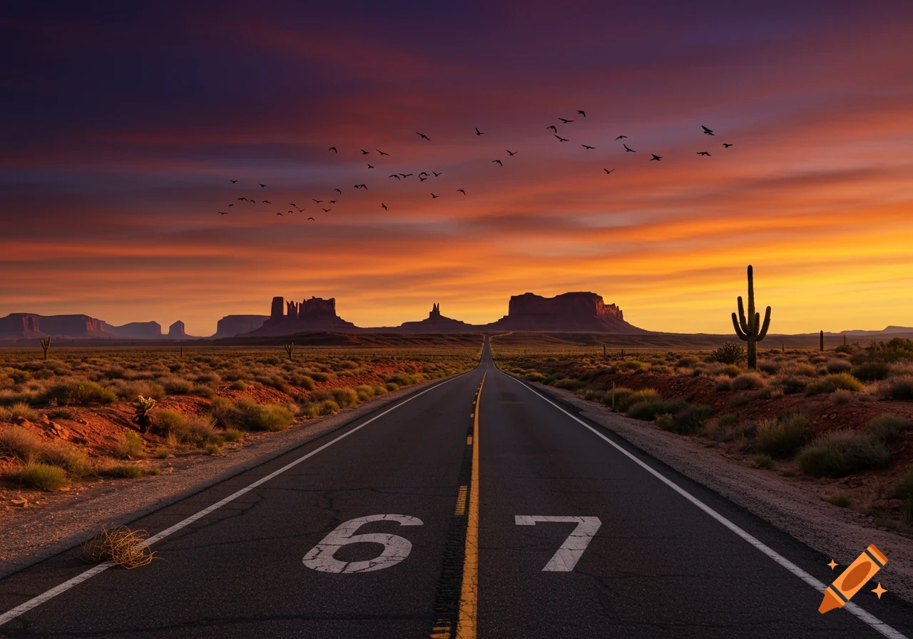 A desert road with the numbers '67' painted on it, leading towards distant mesas under a vibrant orange and purple sunset with birds flying.
