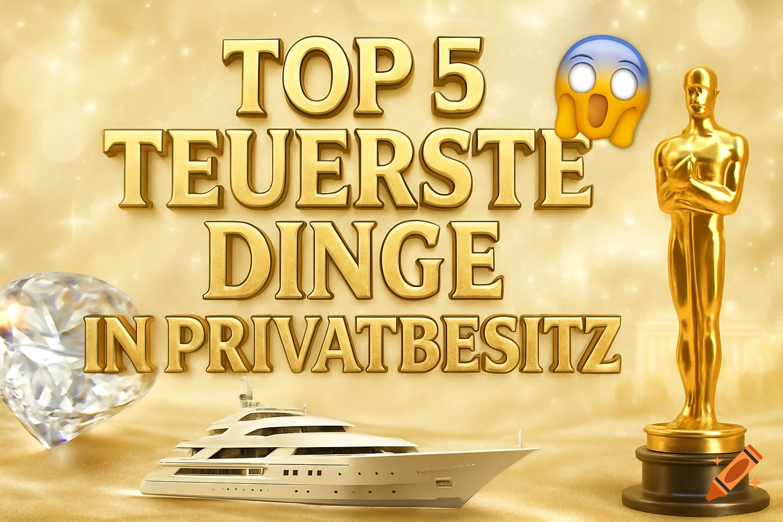 Gold YouTube thumbnail with "TOP 5 TEUERSTE DINGE IN PRIVATBESITZ" text, a diamond, yacht, Oscar statue, and shocked emoji.