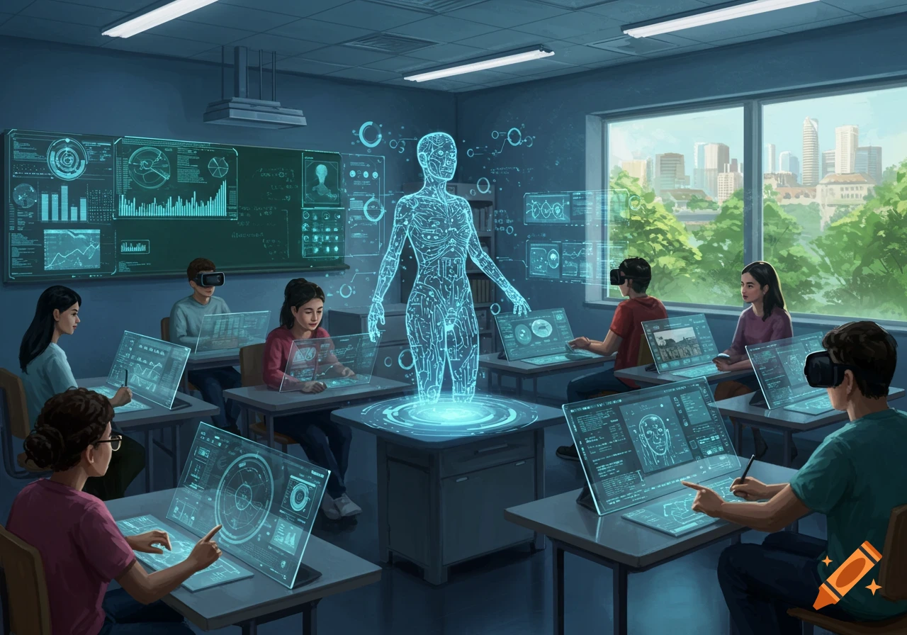 Students in a futuristic classroom use VR headsets and transparent holographic displays to interact with a glowing human anatomy model.