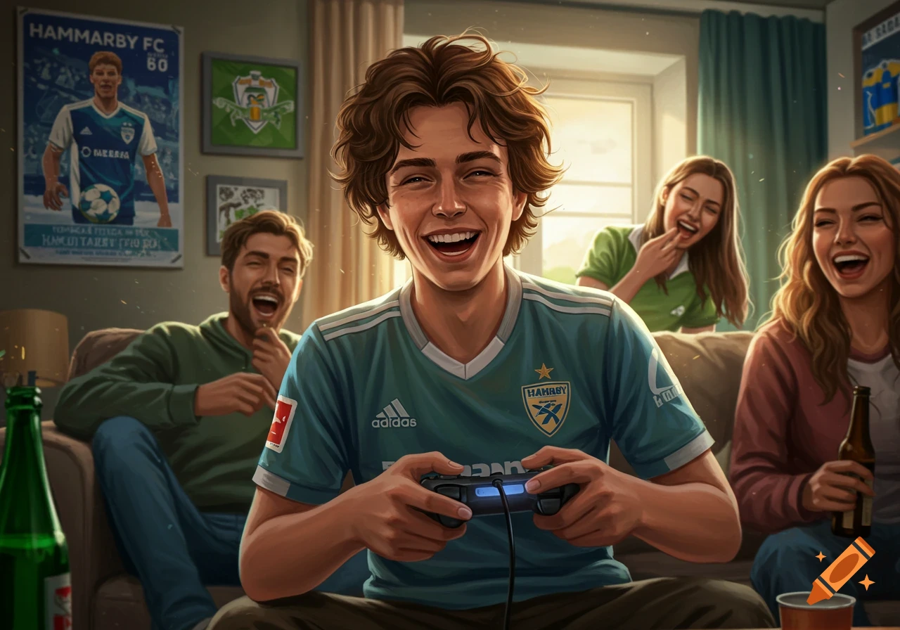 A young man playing a video game with a controller, laughing happily, surrounded by three friends who are also laughing and socializing in a living room.
