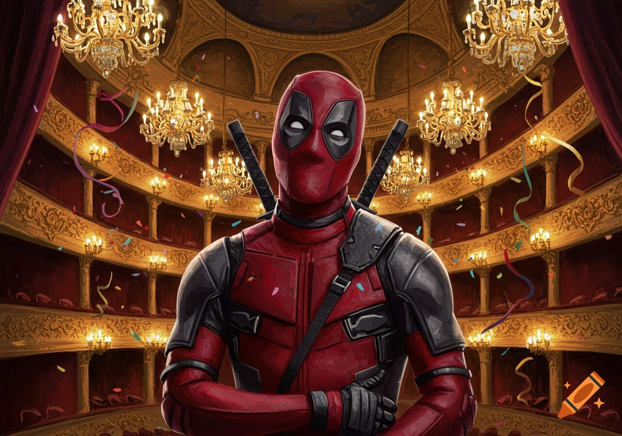 Deadpool, arms crossed, stands center in a grand opera house with gold chandeliers, red velvet, and falling confetti in a painterly style.
