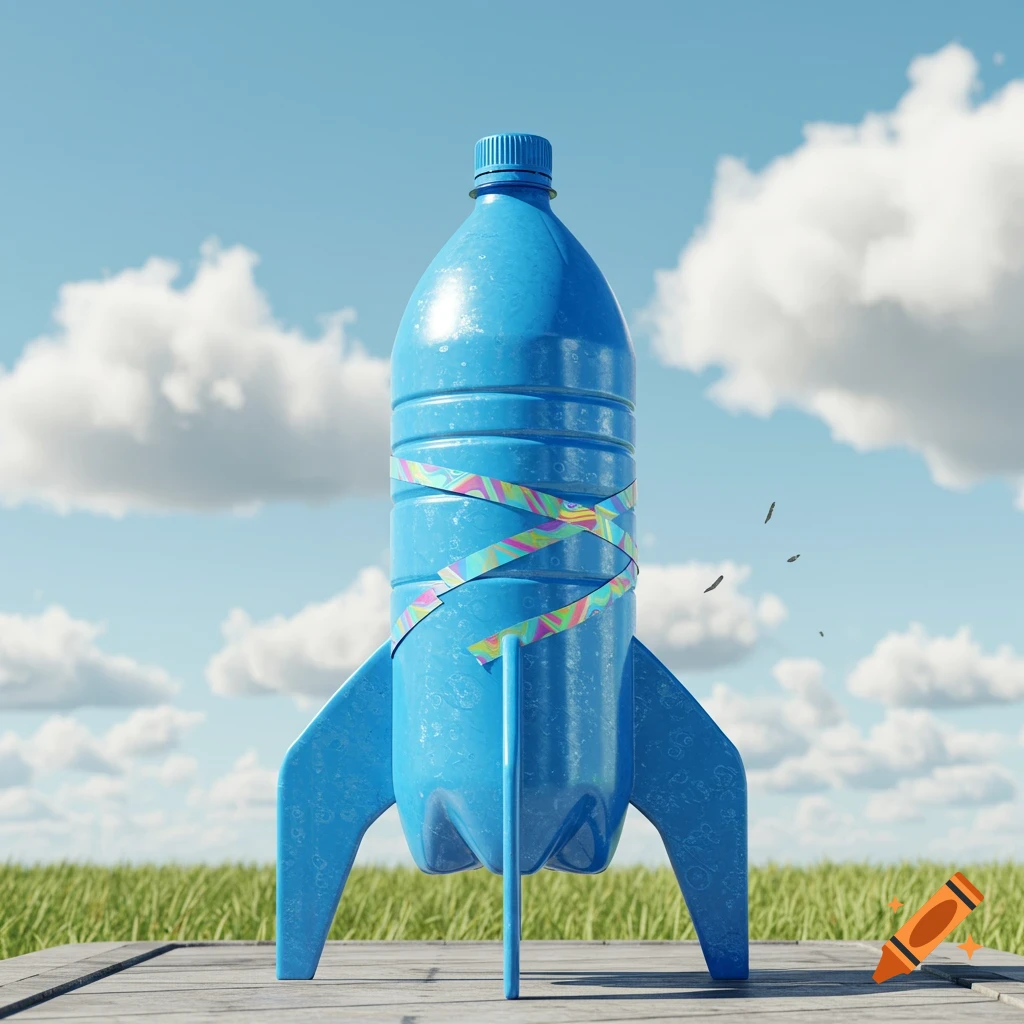 A blue plastic bottle rocket with colorful tape stands on a wooden surface in a grassy field under a cloudy sky.