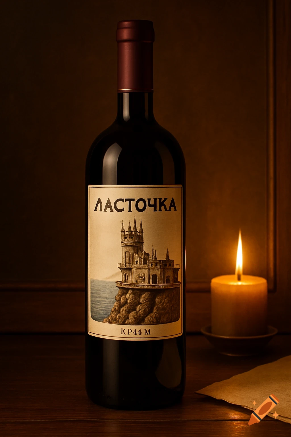 Photorealistic image of a wine bottle with a Swallow's Nest castle label and a lit candle on a dark wooden table.