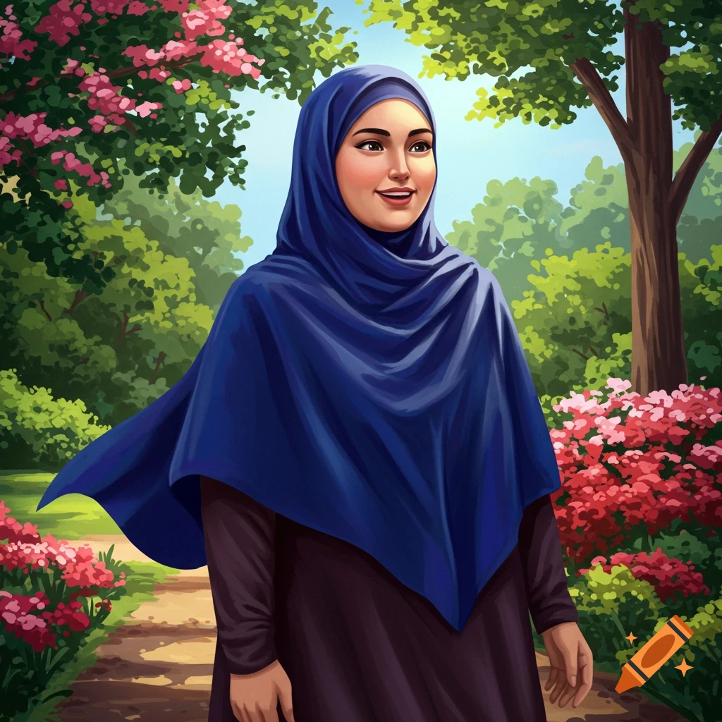 An illustrative depiction of a woman in a blue hijab smiling in a vibrant park with pink flowers and lush greenery.