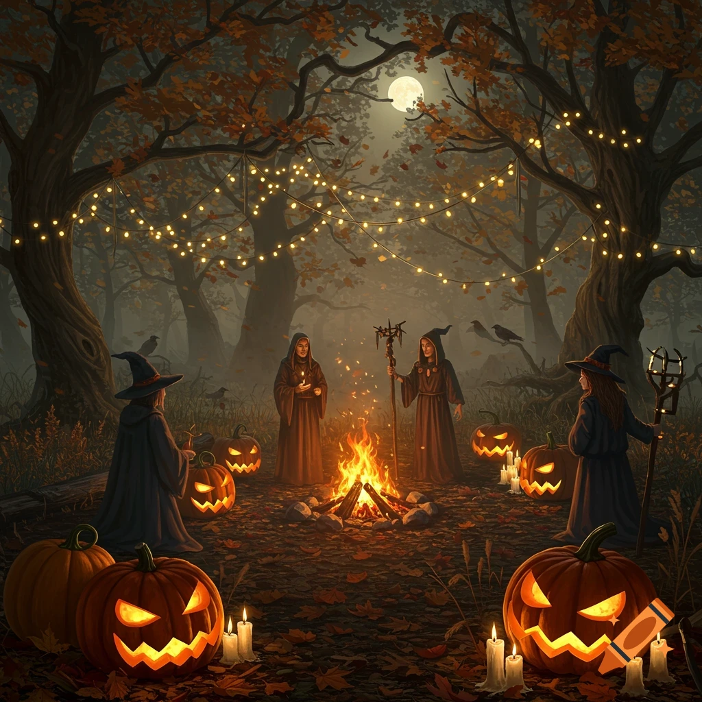 Witches gathered around a campfire with jack-o'-lanterns and string lights in a spooky autumn forest under a full moon.