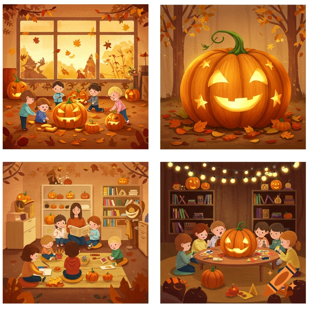 Four square illustrations showing children and pumpkins in autumn scenes and a classroom setting, in a warm, friendly style.