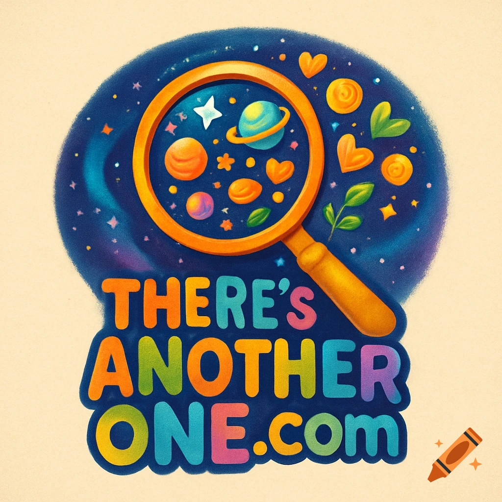 A whimsical logo features an orange magnifying glass over a cosmic scene with planets and stars, above the colorful text 'THERE'S ANOTHER ONE.COM'.
